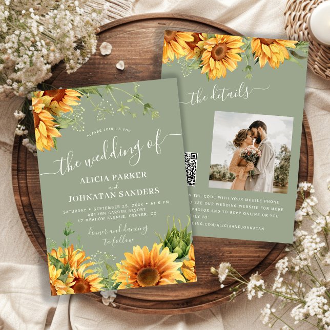 Sage green boho floral sunflower wedding invitation (Creator Uploaded)