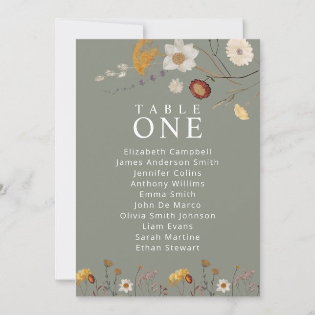 Sage Green Boho Floral Table Seating Chard Cards (Front)