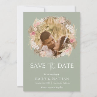 Sage green Boho Floral wreath Photo Save the date Invitation
