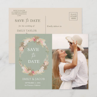 Sage Green Boho floral wreath Save the date Postcard