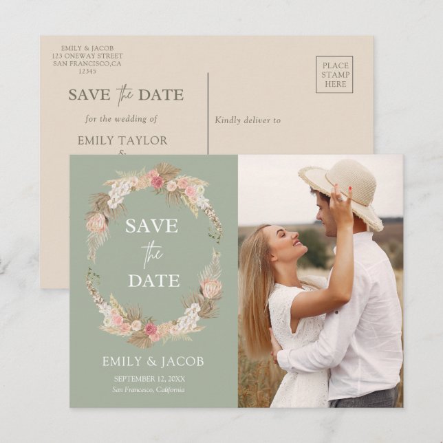 Sage Green Boho floral wreath Save the date Postcard (Front/Back)