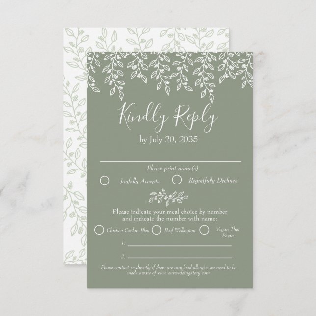 Sage Green Boho Modern Elegant Botanical Wedding RSVP Card (Front/Back)