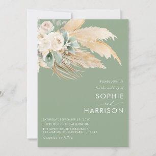 Sage Green Boho Pampas Grass  All In One Wedding Invitation