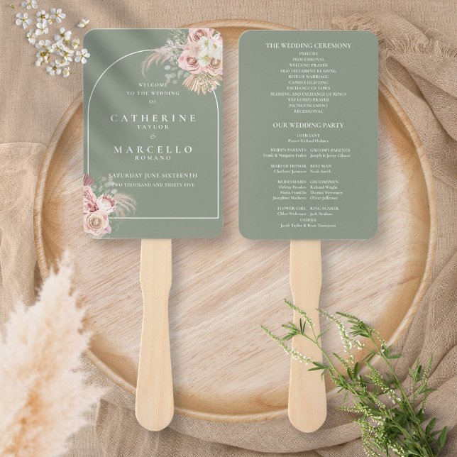 Sage Green Boho Pampas Grass Arch Wedding Program  Hand Fan (Sage Green Boho Pampas Grass Arch Wedding Program Hand Fan)