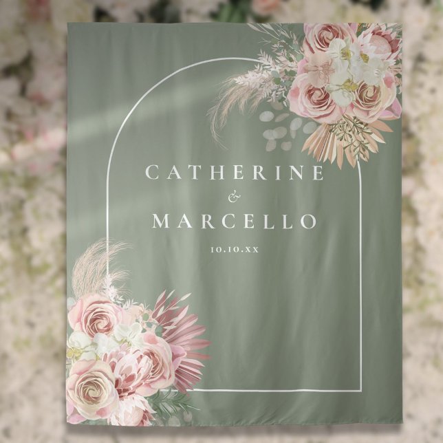 Sage Green Boho Pampas Grass Floral Wedding  Tapestry (Sage Green Boho Pampas Grass Floral Wedding Tapestry)