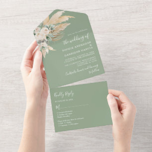 Sage Green Boho Pampas Grass Wedding All In One Invitation