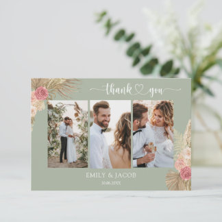 Sage green Boho Photo wedding thank you card