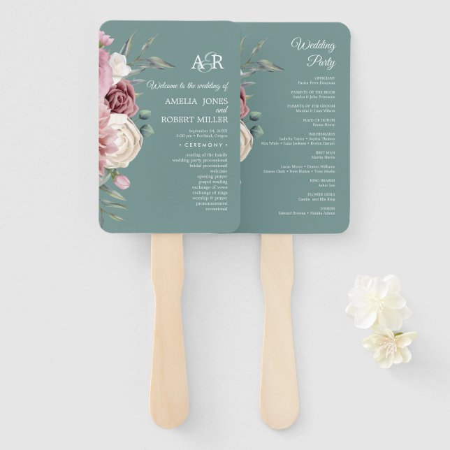 Sage Green Boho Pink Floral Wedding Program Hand Fan (Front and Back)