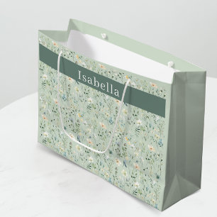 Sage Green Boho Watercolor Wildflower Name Large Gift Bag