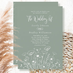 Sage Green Boho White Wildflower QR Code Wedding  Invitation