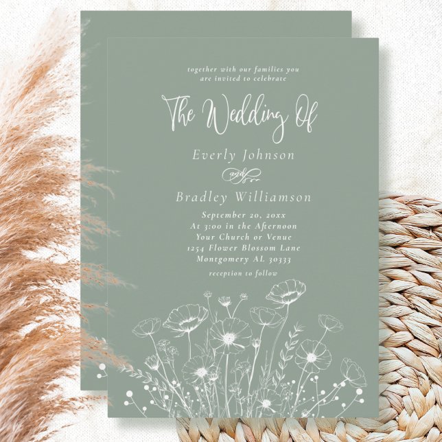 Sage Green Boho White Wildflower QR Code Wedding  Invitation (Creator Uploaded)
