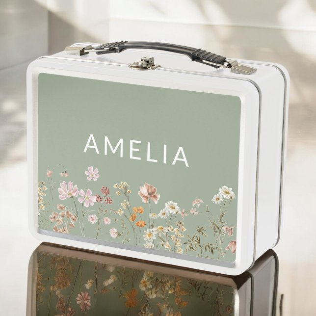 Sage Green Boho Wildflower Back To School Metal Lunch Box (Creator Uploaded)