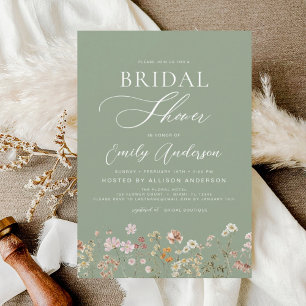 Sage Green Boho Wildflower Bridal Shower Script Invitation