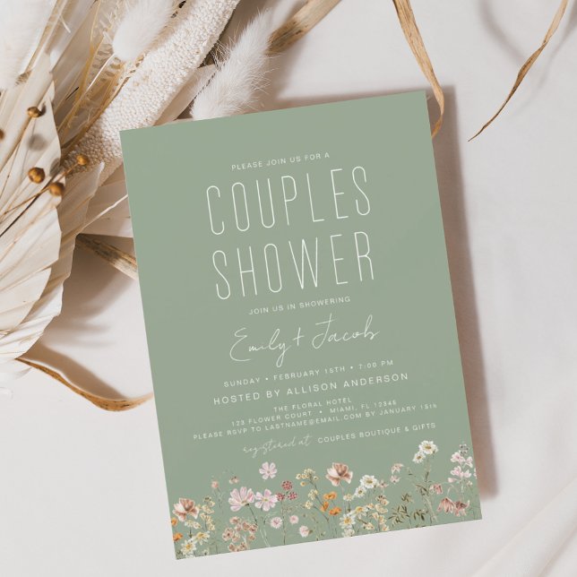 Sage Green Boho Wildflower Couples Shower Elegant Invitation (Creator Uploaded)