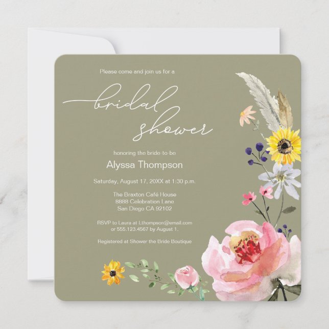 Sage green Boho Wildflower Floral Bridal Shower Invitation (Front)
