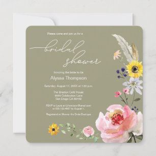 Sage green Boho Wildflower Floral Bridal Shower Invitation