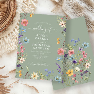 Sage green boho wildflower rustic floral wedding invitation