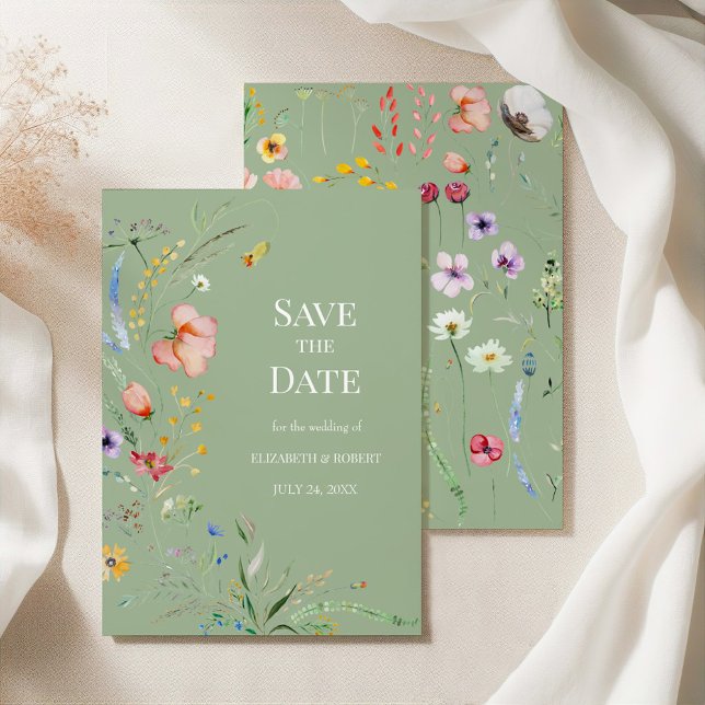 Sage Green Boho Wildflower Save the Date Card (Sage Green Boho Wildflower Save the Date Card on a silk tablecloth with botanicals)