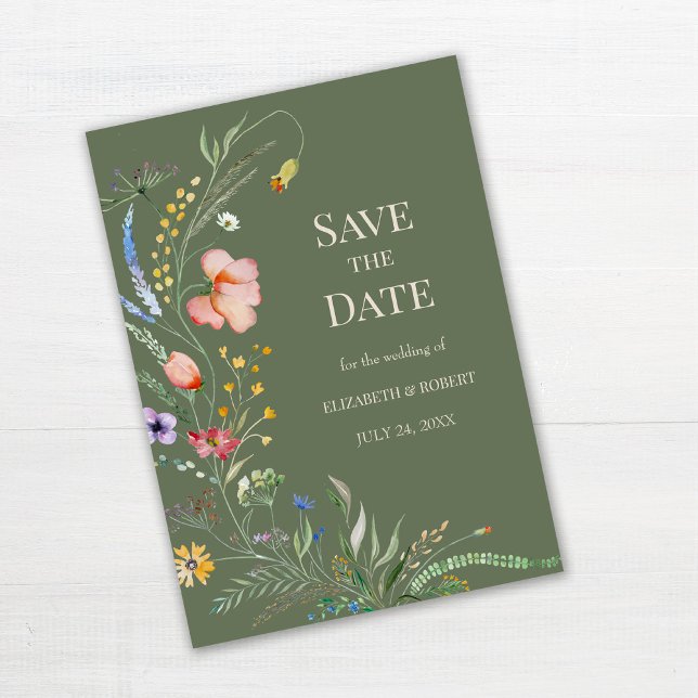 Sage Green Boho Wildflowers Save The Date Card (Sage Green Boho Wildflowers Save The Date Card on white wooden table.)