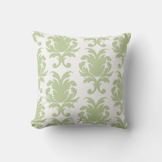 sage green bold large damask pattern throw pillow (Front)
