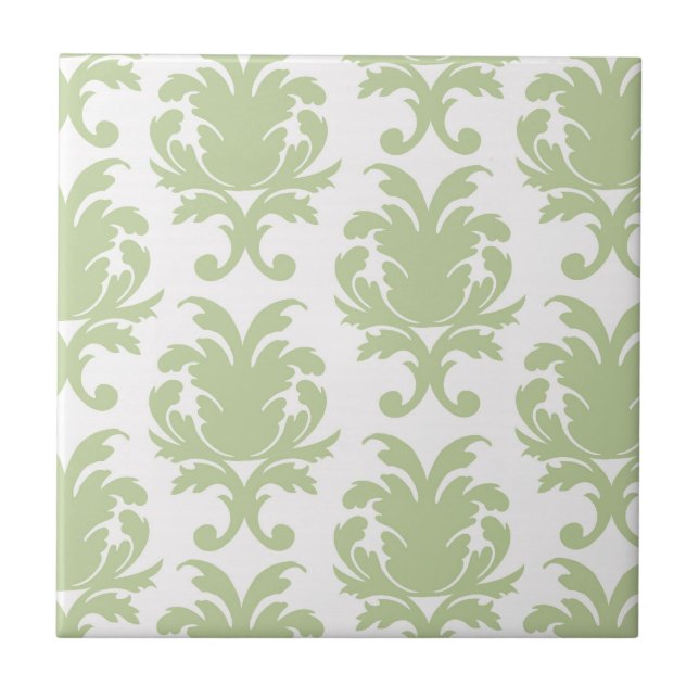 sage green bold large damask pattern tile (Front)