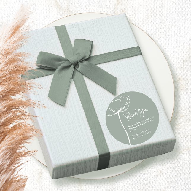 Sage Green Bold Minimal Floral Wedding Thank You  Classic Round Sticker (Creator Uploaded)