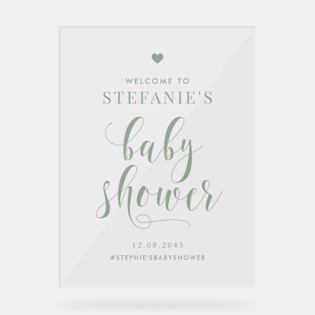 Sage Green Bold Script Baby Shower Welcome Acrylic Sign (Front)