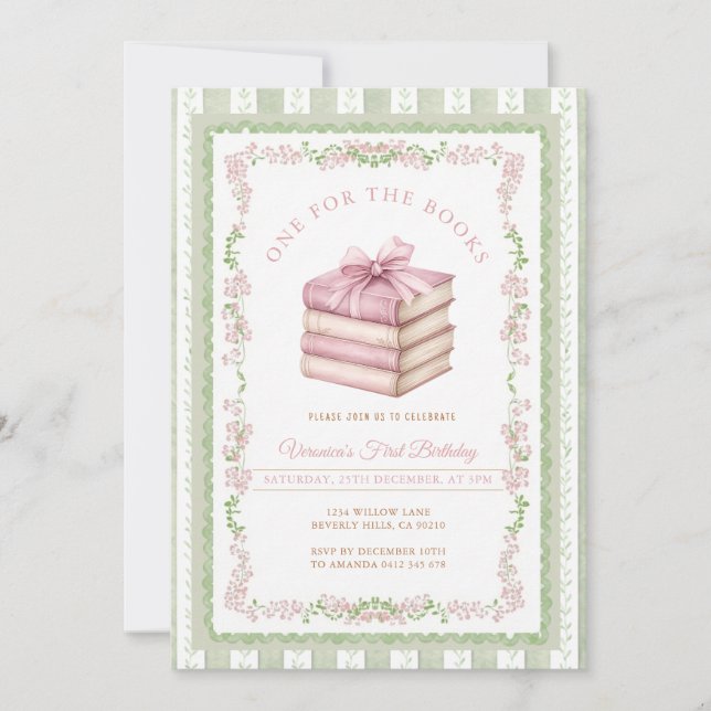 Sage Green Books First Birthday Invitation (Front)