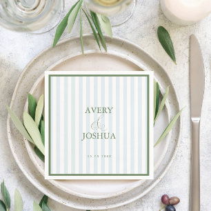 Sage Green Border & Blue Stripes Timeless Wedding Napkin