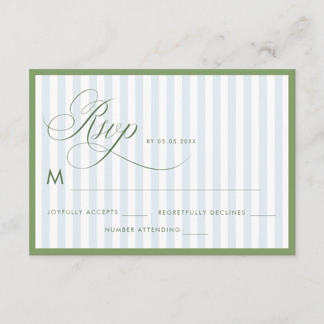 Sage Green Border & Blue Stripes Wedding RSVP Card (Front)