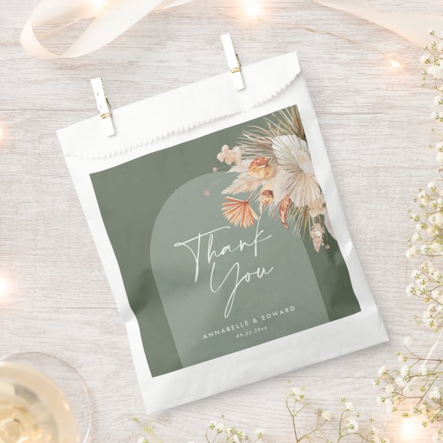 Sage green botanical arch modern pampas grass favour bag (Clipped)