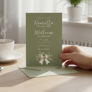 Sage Green Botanical Bow All-in-One Wedding Invita Invitation