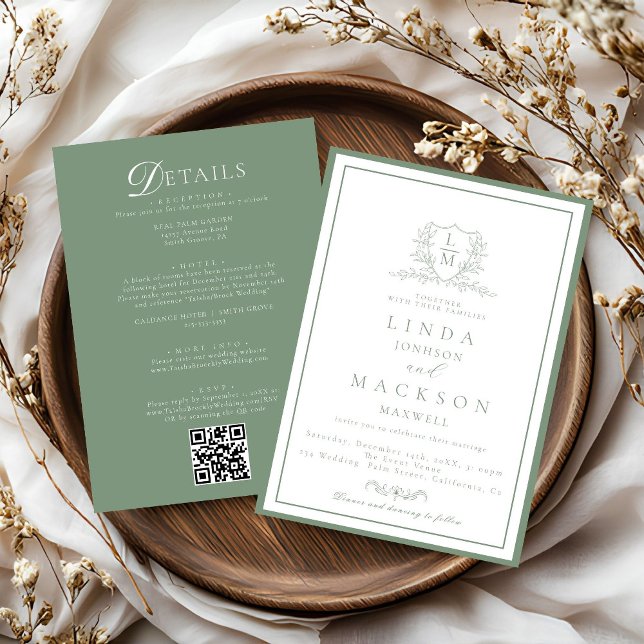Sage Green botanical crest All in one wedding  Invitation (Creator Uploaded)