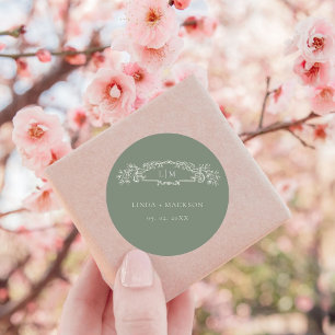  Sage Green botanical crest monogram wedding Classic Round Sticker