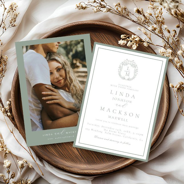 Sage Green botanical crest monogram wedding Invitation (Creator Uploaded)