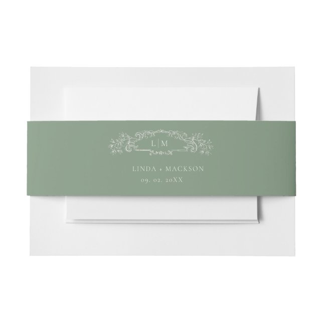 Sage Green botanical crest monogram wedding Invitation Belly Band (Front Example)