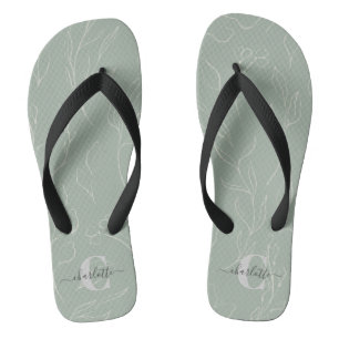 Sage Green Botanical Custom Monogrammed Name  Flip Flops