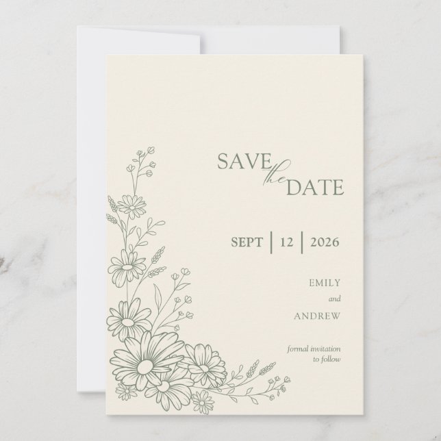 Sage Green Botanical Daisy Garden Wedding Save The Date (Front)