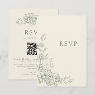 Sage Green Botanical Daisy QR Code Wedding RSVP Card