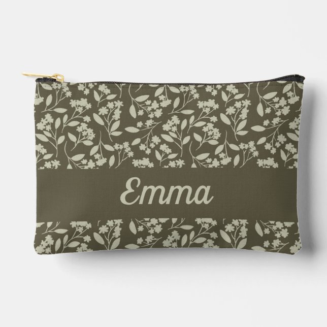Sage Green Botanical Elegant Flowers Accessory Pouch (Front)