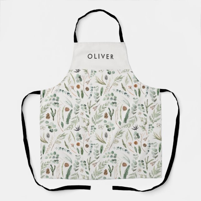 Sage green botanical elegant modern family gift apron (Front)