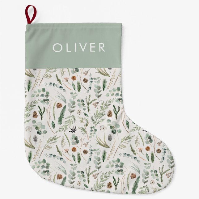 Sage green botanical elegant modern family gift large christmas stocking (Front)
