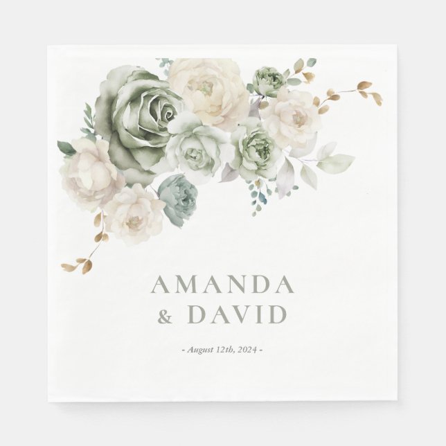 Sage Green Botanical Elegant Wedding Napkin (Front)