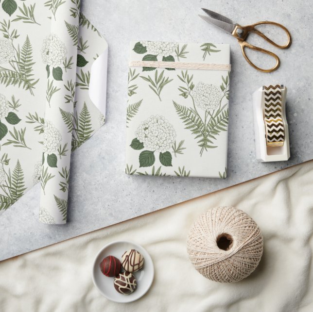 Sage Green Botanical Fern & Hydrangea Wrapping Paper (Crafts)