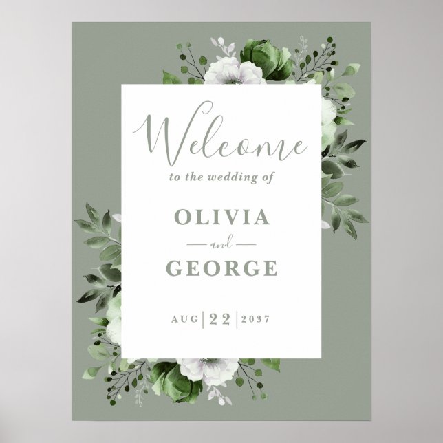 Sage Green Botanical Floral Wedding Welcome Sign (Front)