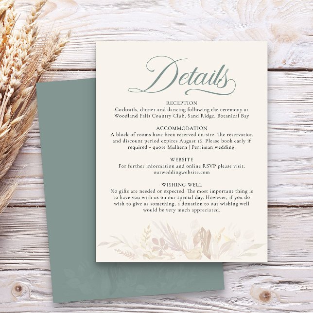 Sage Green Botanical Foliage Wedding Details Enclosure Card (Sage Green wedding details enclosure card - Foliage Duet wedding collection)