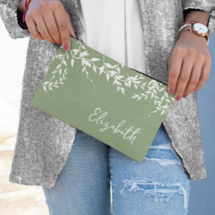 Sage Green Botanical Leaves Bridal Shower Accessory Pouch