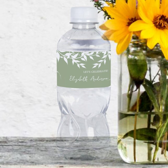 Sage Green Botanical Leaves Bridal Shower Water Bottle Label (Creator Uploaded)