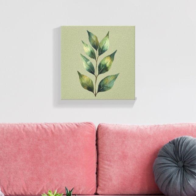 Sage Green Botanical Leaves Canvas Print (Insitu(LivingRoom))