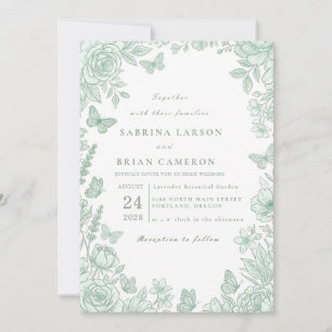 Sage Green Botanical Line Art Frame with Flowers  Invitation